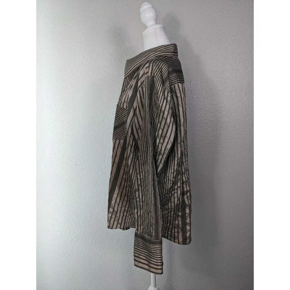 Chico's Womens Shirt 3 Large Golden Striped Button Up Long Sleeve Silk Blend N24 - Picture 2 of 7